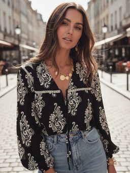 Outzidr - Black Tie Up Elasticated Neck Printed Blouse