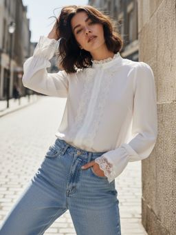 Outzidr - White Full Sleeves And Ruffled Neck Blouse