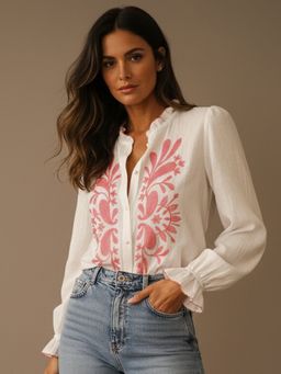 Outzidr - White Ruffled Neck Embroidered Blouse