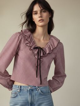 Outzidr - Pink V-Neckline Checkered Crop Top