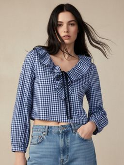 Outzidr - Blue V-Neckline Checkered Crop Top