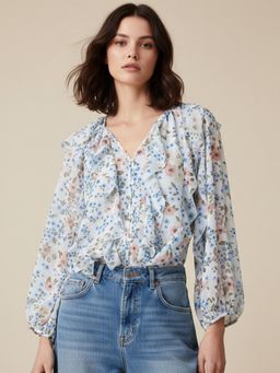 Outzidr - Blue Frill Floral Printed Blouse