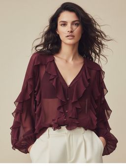 Outzidr - Purple Frill Solid Blouse