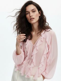 Outzidr - Pink Frill Solid Blouse