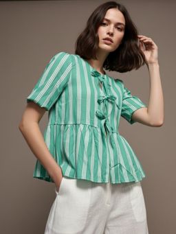 Outzidr - Green Half Sleeve Striped Bow Tie-Up Blouse
