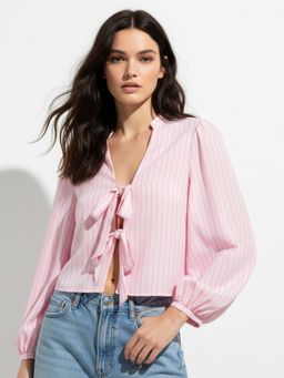 Outzidr - Pink Full Sleeve Tie-Up Top