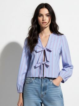 Outzidr - Blue Full Sleeve Tie-Up Top