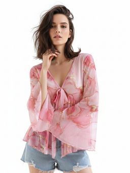 Outzidr - Pink Full Sleeve Front Tie-Up Floral Printed Top