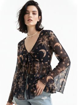 Outzidr - Black Full Sleeve Front Tie-Up Printed Top
