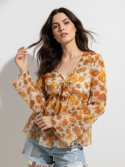 Outzidr - Yellow Full Sleeve Front Tie-Up Floral Printed Top