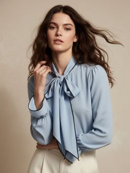 Outzidr - Blue Bishop Sleeve Bow Tie-Up Blouse