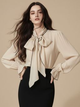 Outzidr - Beige Bishop Sleeve Bow Tie-Up Blouse