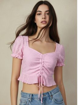 Outzidr - Pink Puff Sleeve Front Ruched Crop Top