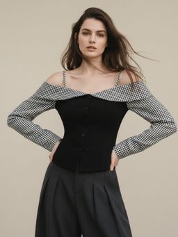 Outzidr - Black Cold Shoulder Checkered Top