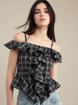 Outzidr - Black Off Shoulder Checkered Ruffle Detail Top
