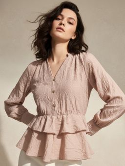 Outzidr - Pink V Neck Ruffle Blouse In Crushed Satin Fabric