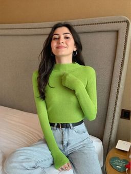 Outzidr - Lime Green High Neck Flat Knit Top