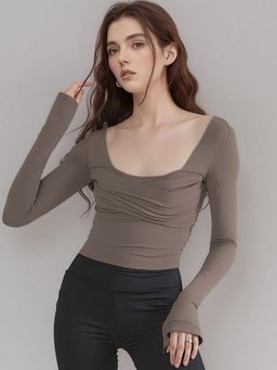 Outzidr - Brown Criss Cross Ruched Top