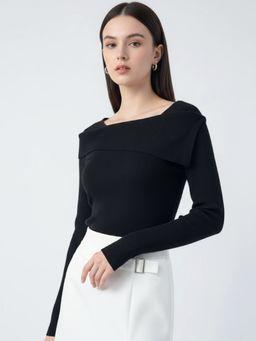 Outzidr - Black Full Sleeve Round Neck Wrap Top