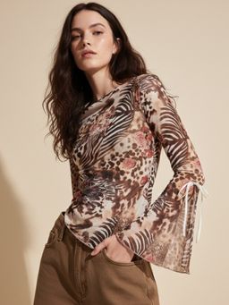 Outzidr - Multi Boat Neck Printed Mesh Top - Multi-Color