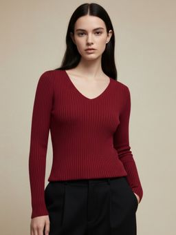 Outzidr - Maroon Full Sleeve V Neck Top