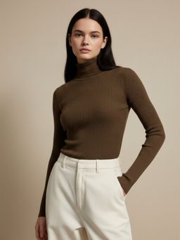 Outzidr - Brown Textured Basic High Neck Top