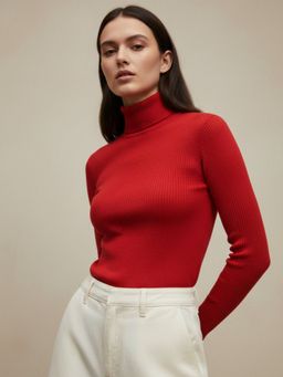 Outzidr - Red Textured Basic High Neck Top