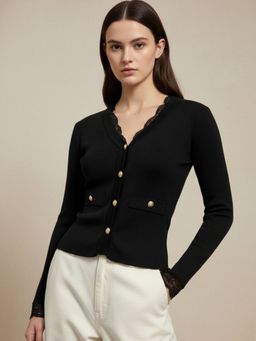 Outzidr - Black Full Sleeve Lace Hem Front Buttoned Top