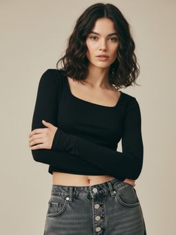 Outzidr - Black Full Sleeve Square Neck Crop Top