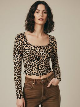 Outzidr - Brown Full Sleeve Square Neck Crop Top