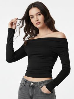 Outzidr - Black Full Sleeve Off Shoulder Crop Top