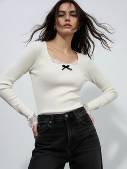 Outzidr - Cream Full Sleeve Lace Detail Top