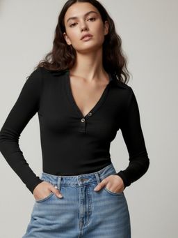 Outzidr - Black Collared Neck Fitted Top