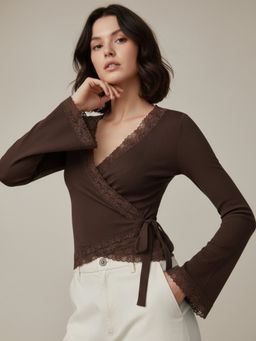 Outzidr - Brown Wrap Tie Up Textured Top