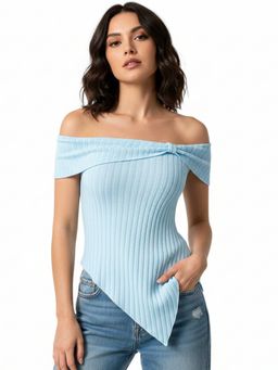 Outzidr - Blue Off Shoulder Asymmetrical Hem Top