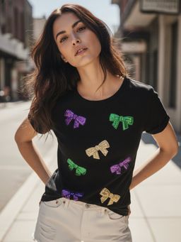 Outzidr - Black Sequined Bow T-shirt