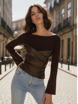 Outzidr - Brown Full Sleeve Pu Leather Top