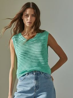 Outzidr - Aqua Sleeveless Crochet Detail Top