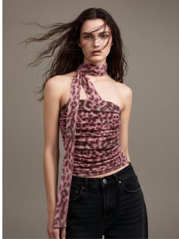 Outzidr - Burgundy Printed Neck Wrap Crop Top - Mauve
