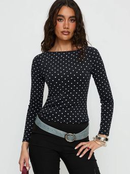 Outzidr - Black Boat Neck Polka Dotted Top