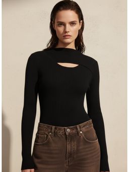 Outzidr - Black Full Sleeve Neck Cut-Out Detail Top