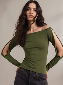 Outzidr - Olive Full Sleeve Slit Boat Neck Top