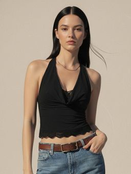 Outzidr - Black Halter Neck Lace Hem Crop Top