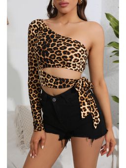 Outzidr - Brown One Shoulder Waist Cut-Out Leopard Printed Crop Top