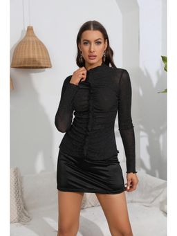 Outzidr - Black Full Sleeve Ruffled Neck Top