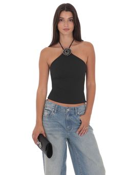 Outzidr - Black Halter Neck Floral Trim Top