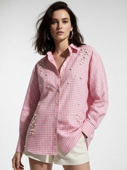 Outzidr - Pink Oversized Check Shirt With Placement Embellishment Detail