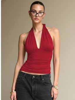 Outzidr - Red Halter Neck Fitted Top