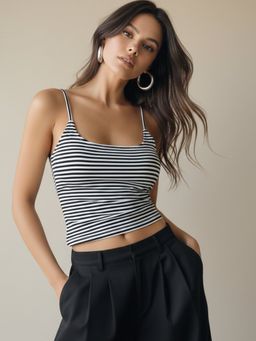 Outzidr - Black Spaghetti Strap Striped Fitted Tank Top