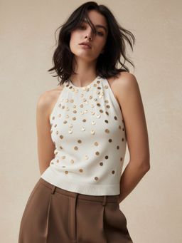 Outzidr - Off White Halter Neck Sequined Top